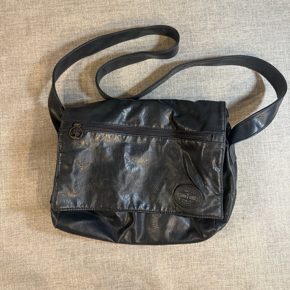 Cypress Woods Black Leather Crossbody Bag Plaid Lined Fold Over Shoulder Purse